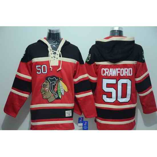 Men Chicago Blackhawks 50 Corey Crawford Red Sawyer Hooded Sweatshirt Stitched NHL Jersey